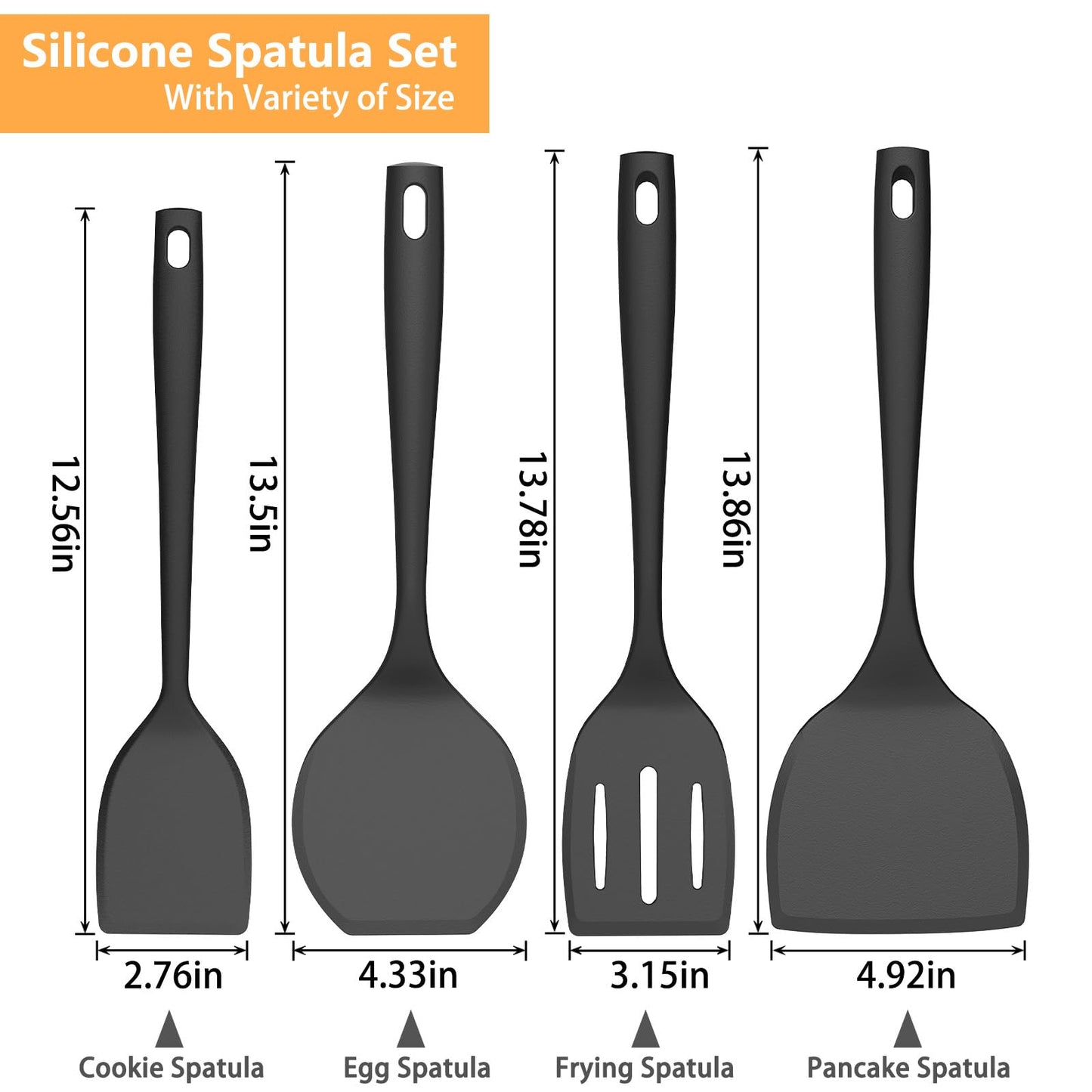 KoudHug Silicone Spatula Turner Set, 600°F High Heat Resistant Spatulas for Cooking, BPA Free, Large Flexible Kitchen Utensils Flipping Eggs, Pancakes, Fish, Burgers, Dishwasher Safe (4 Pack, Black)