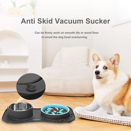 Anipaw Slow Feeder Dog Bowls 3 in 1 Stainless Steel Food and Water Bowls with Non-Spill and Skid Silicone Mat to Slow Down Eating for Large Medium Small Breed Size Dogs and Cats