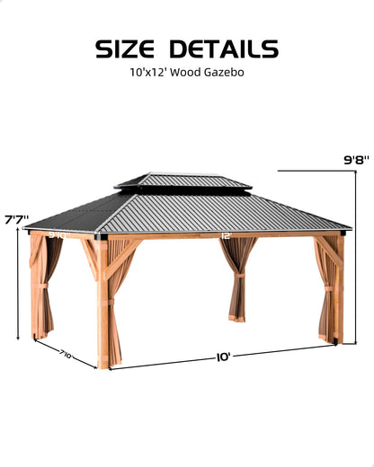 10x12FT Hardtop Wood Gazebo, Cedar Frame Outdoor Pavilion with Double Galvanized Steel Roof, Curtains and Netting Included, Ceiling Hook for Patio Backyard Deck Lawn Garden, Khaki