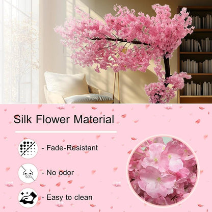Artificial Cherry Blossom Tree Lifelike Non-Fading Japanese Faux Cherry Tree Cloth Plastic Suitable For Indoor Outdoor Home Decor Hotels Parks Offices Commercial Venues Seasonal Decoration,Pink,6.5ftX