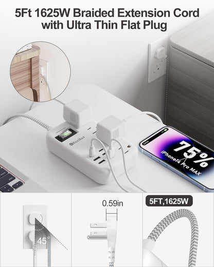 6 USB(2 USB C) Purple Travel Power Strip- 5Ft Lavender Extension Cord with 24W USB Charging Station and 4 Outlets, Purple Desk Accessories with Surge Protector for Cute Kawaii Office Dorm Room