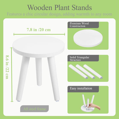 2PCS Samll 8.6"Tall Plant Stand Indoor/Outdoor for Plants,Wood White Planter Stands Holder Mid Century Pedestal