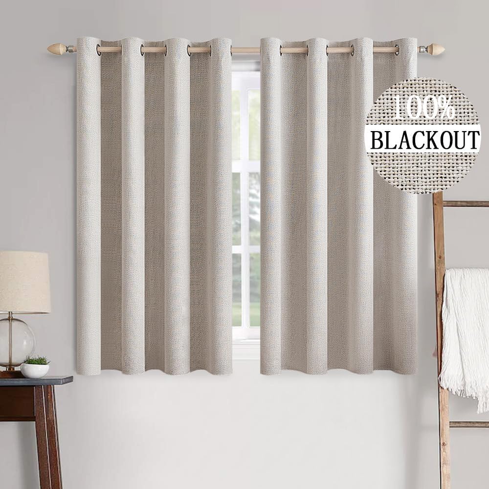MIULEE 100% Blackout Linen Textured Curtains - Thermal Insulated Ivory Grommet Drapes | 52 x 45 Inch (2 Panels)