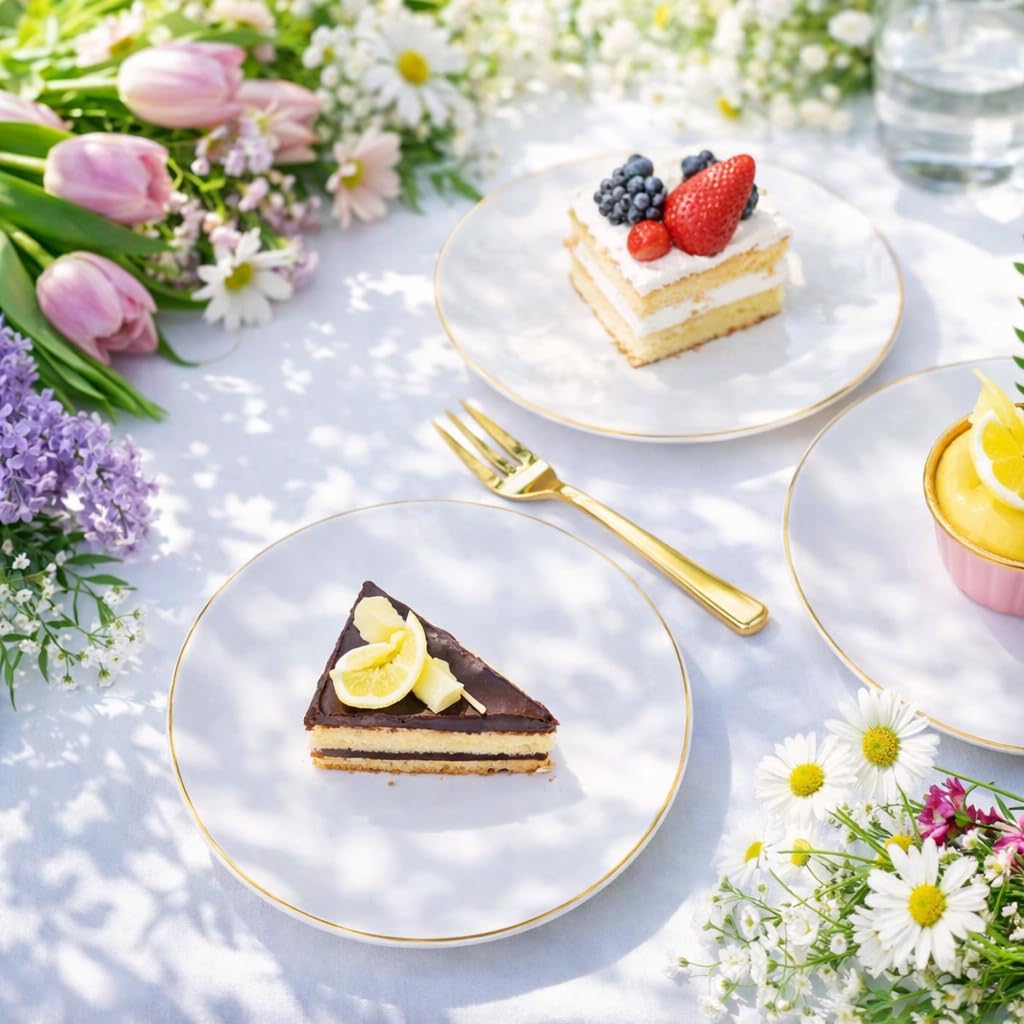 Festiva 200Pcs Gold Dessert Plates 6.3" with Forks 5"- Small Disposable Dessert/Appetize/Cake Plates Plates- serve 100 guests include 100Plates 100Forks for Wedding &Birthday Party & Outdoor