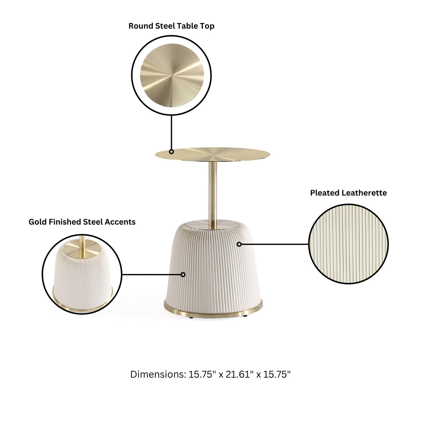 Manhattan Comfort Modern Anderson Coffee Table, 1.0 & 2.0 End Table, Upholstered in Cream Leatherette with Ceramic Faux Tabletop and Gold Metal Tabletop- Set of 3