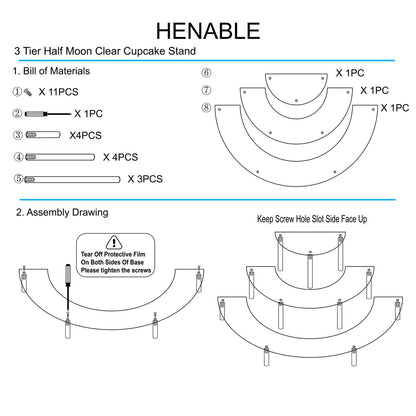 HENABLE Acrylic Display Risers, 3 Tier Clear Cupcake Perfume Stand Organizer, Half Moon Dessert Stand for Display, Food, Amiibo Funko POP Figure (2half