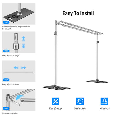 soonpho Pipe and Drape Backdrop Stand, Double Heavy Duty Backdrop Stand Adjustable Telescopic Metal Frame with Wide Flat Bases for Stability for Wedding, Photo Booth, Party & Event Decorations