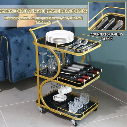 FGQuelleBM Nordic 3-Tier Serving Cart, Minimalist Mobile Snack with Handles & Wheels, Glass Top & Metal Frame for Office/Kitchen(Gold Black,84 * 45 * 34cm)
