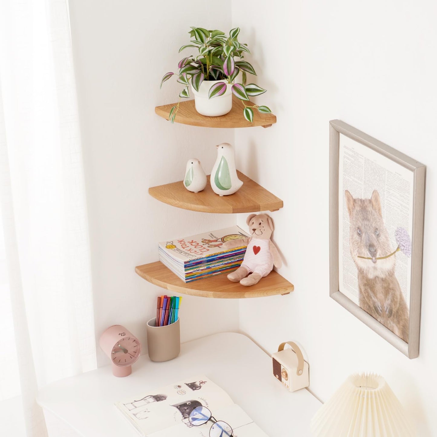 14 inches Oak Corner Shelf Natural Wood Floating Corner Shelves Round End Wall Mounted Display Shelf Corner Plant Stand