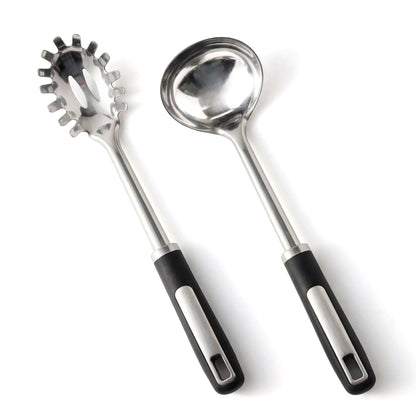 Stainless Steel Ladle and Pasta Server Set, Food-Grade Thickened Metal Soup Ladle & Spaghetti Spoon with Non-Slip Handles, Durable Cooking Utensils for Pasta, Soup & Everyday Kitchen Use