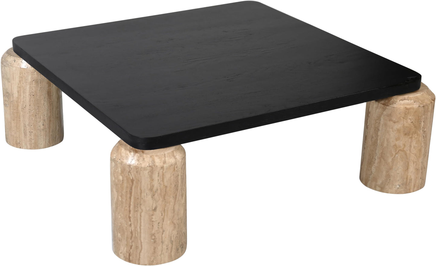 Meridian Furniture 99009Travertine-CT Ferrara Collection Art Deco Coffee Table with Genuine Travertine Legs, Black Finished Solid Oak Wood Top, 42" W x 42" D x 14" H, Natural