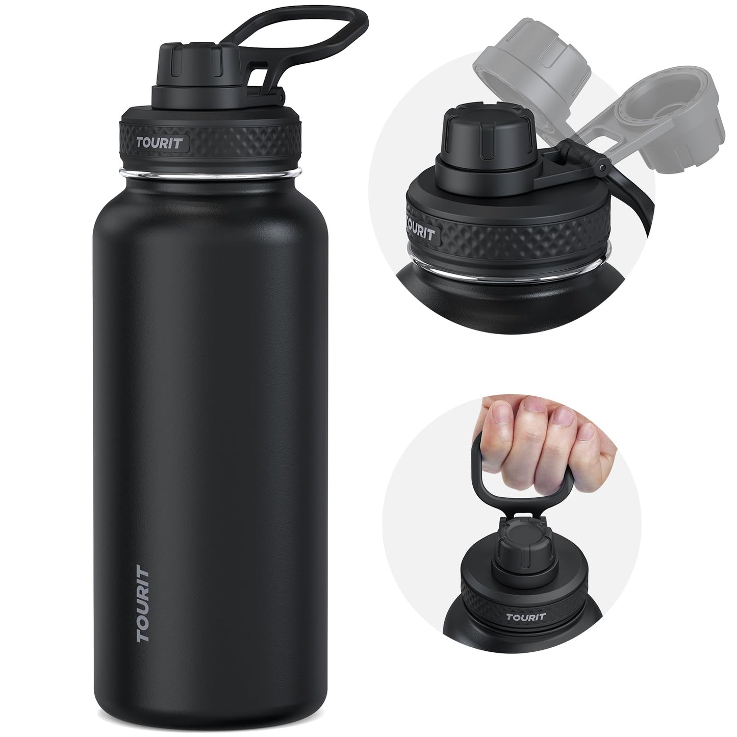 TOURIT 40 oz Insulated Water Bottle, Stainless Steel Water Bottles With Handle, Double-Wall Vacuum Sports Water Bottle, BPA Free Leakproof Water Bottle, Black