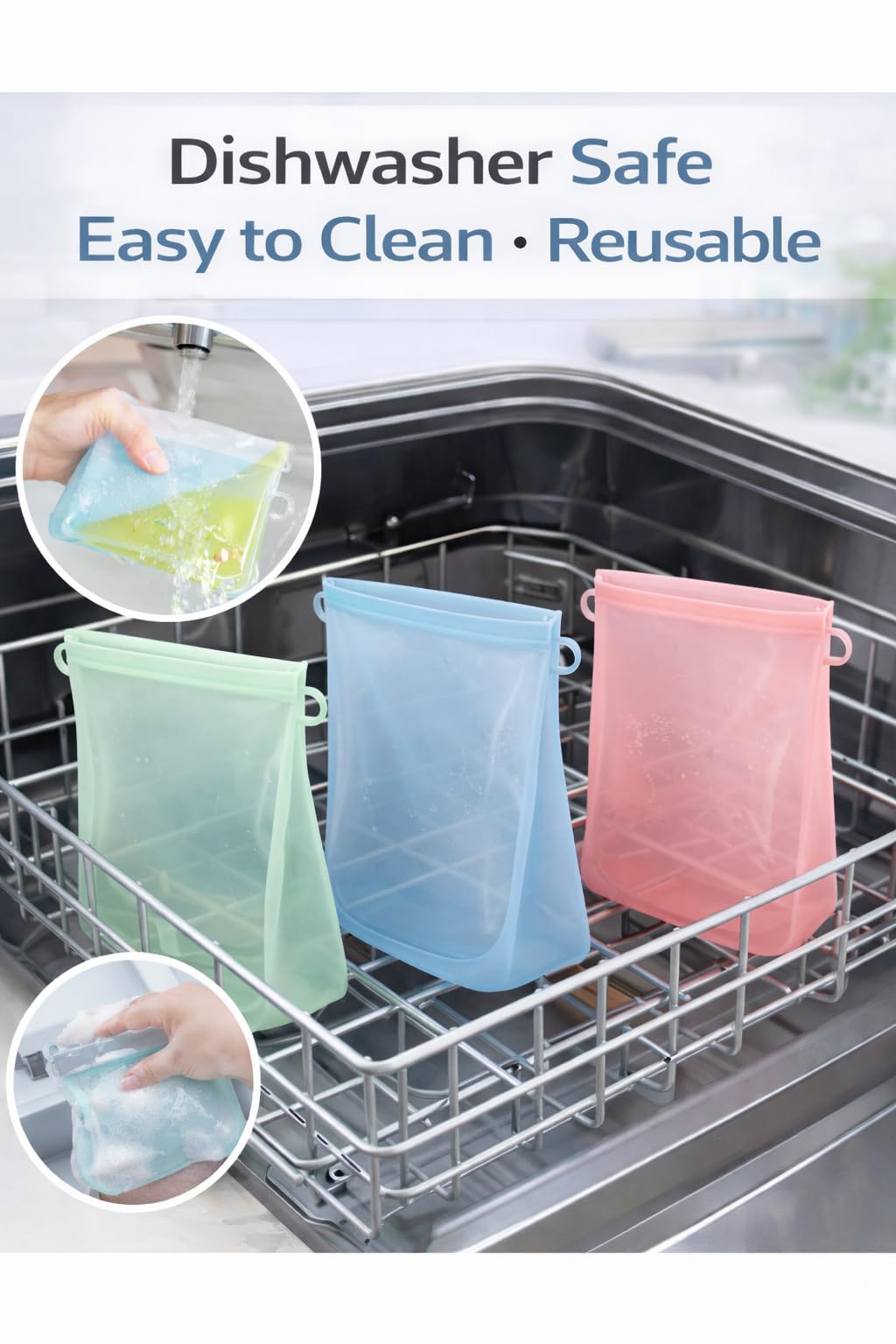 Reusable Silicone Food Storage Bags: Leak-Reistent Stand-up Pouches for Meal Prep, Sandwiches, Snacks, Baby Food, 3 Pack (500ml, 1000ml, 1500ml). BPA-Free, Freezer and Dishwasher Safe, Eco-Friendly