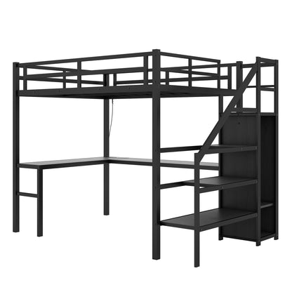 Heavy Duty Metal Loft Bed with Twin XL Size, Desk, Wardrobe & Storage Stairs, LED Charging Station, Space Saving for Kids, Teens & Adults - Black