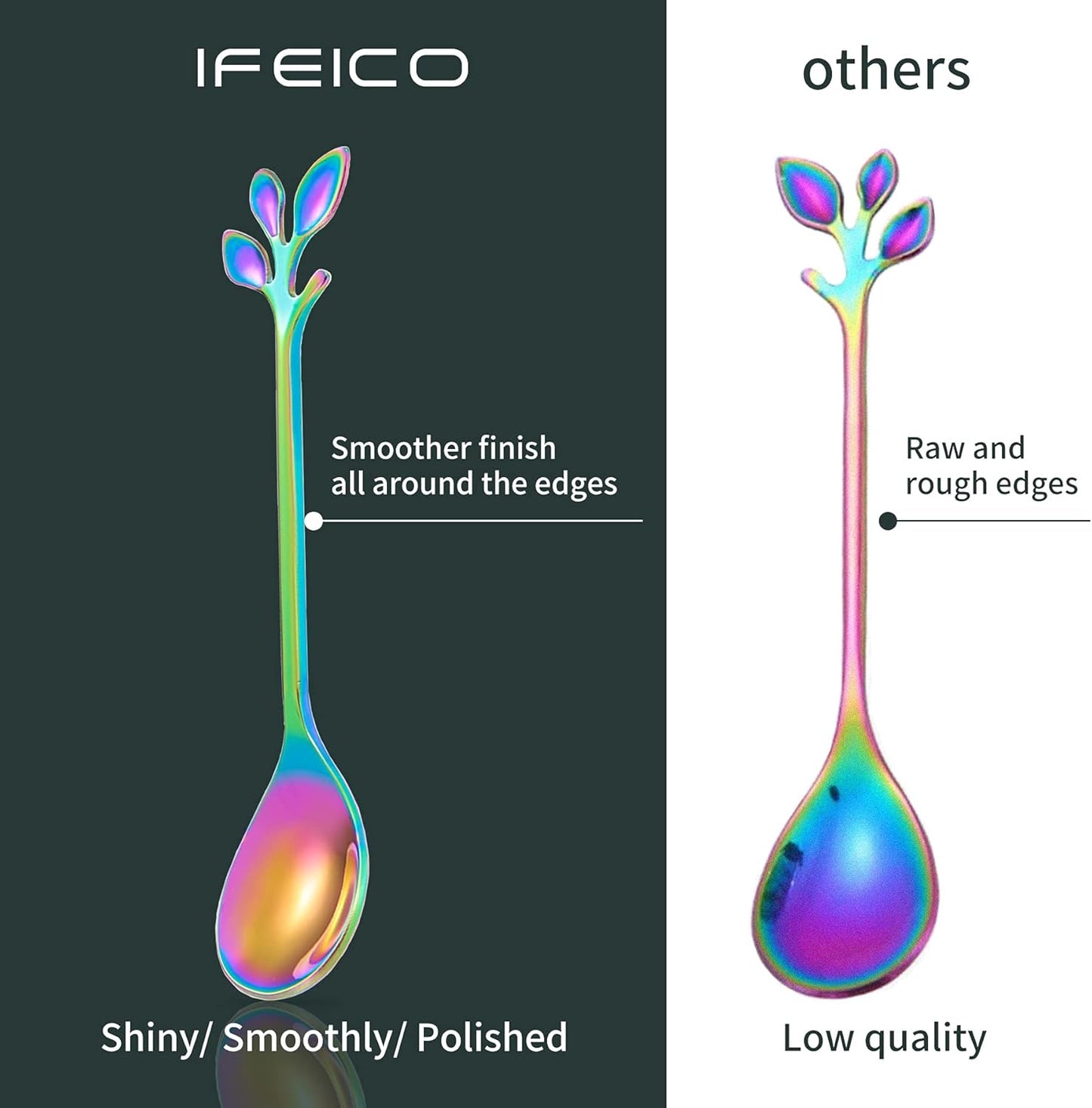 Rainbow Leaf Coffee Spoons, IFeico 4.7 inch Stainless Steel Ice-Cream Tea Sugar Spoons, 5 Pack