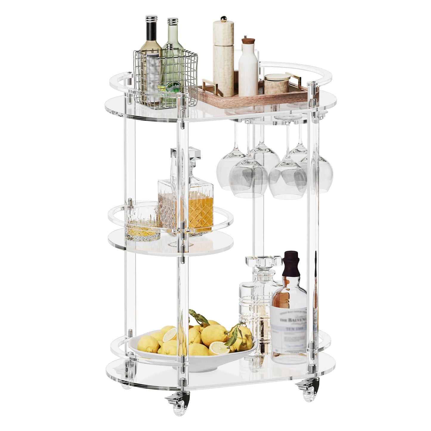 HMYHUM Acrylic Bar Cart with 4 Lockable Wheels, Clear Home Beverage Cart with Glass Holder, 3-Tier Rolling Serving Cart for Kitchen, Dining Room, Modern, Oval, 15''D x 23.6''W x 32.3''H
