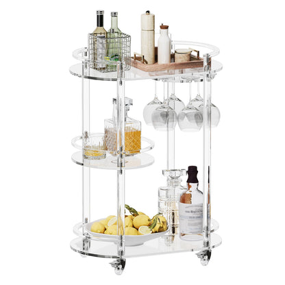HMYHUM Acrylic Bar Cart with 4 Lockable Wheels, Clear Home Beverage Cart with Glass Holder, 3-Tier Rolling Serving Cart for Kitchen, Dining Room, Modern, Oval, 15''D x 23.6''W x 32.3''H