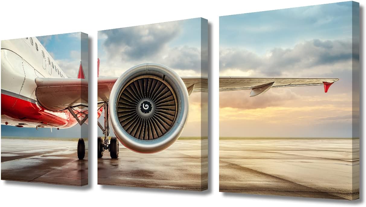 Jet Engine Wall Art for Living Room, Aviation Decor, Modern Airliner Canvas Prints for Bedroom and Office, 42"Wx20"H