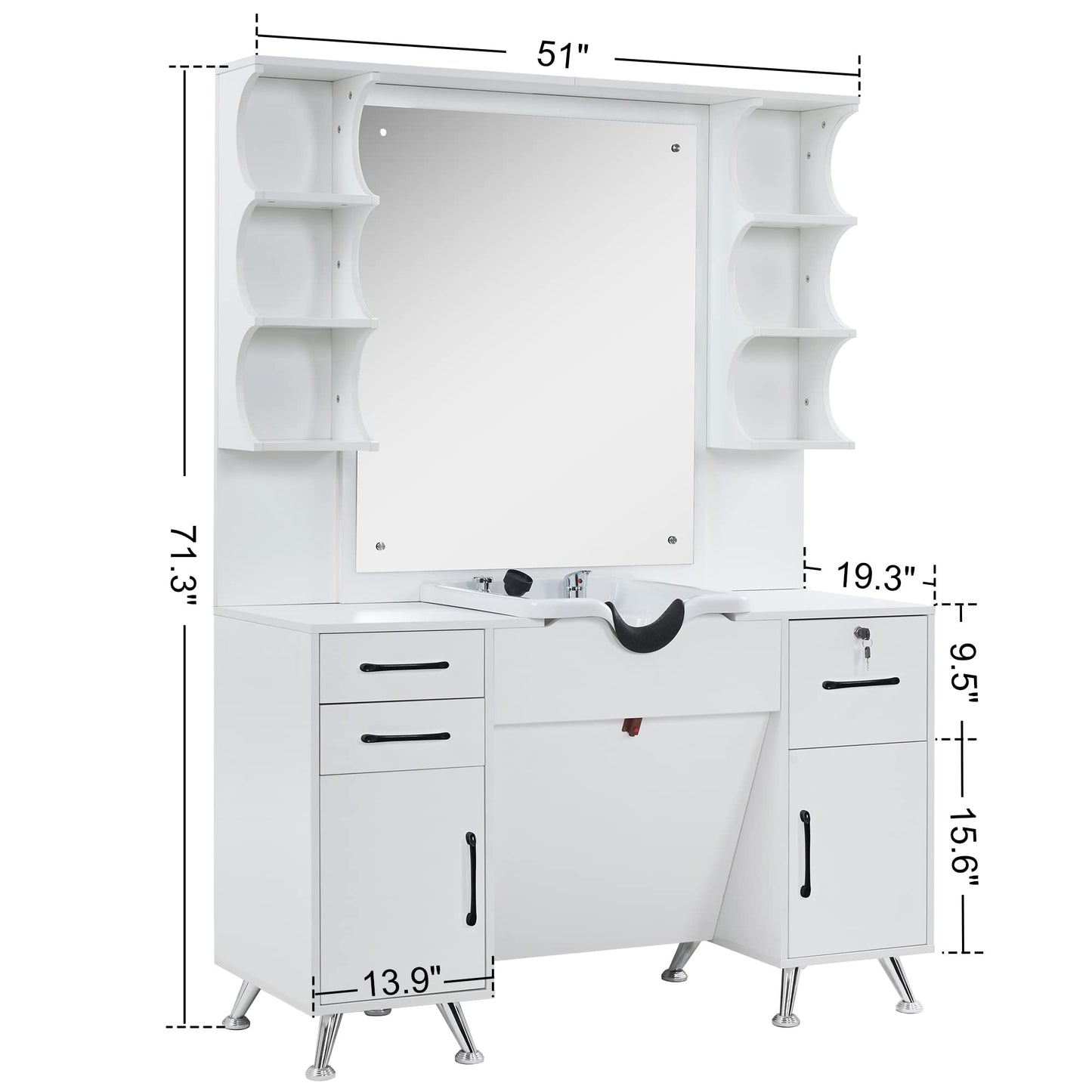 BarberPub Backwash Shampoo Bowl Cabinet, Wall Mount Station with Mirror, Storage Cabinet with Drawers & Shelf 3141 (White)
