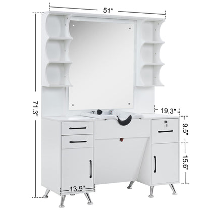 BarberPub Backwash Shampoo Bowl Cabinet, Wall Mount Station with Mirror, Storage Cabinet with Drawers & Shelf 3141 (White)