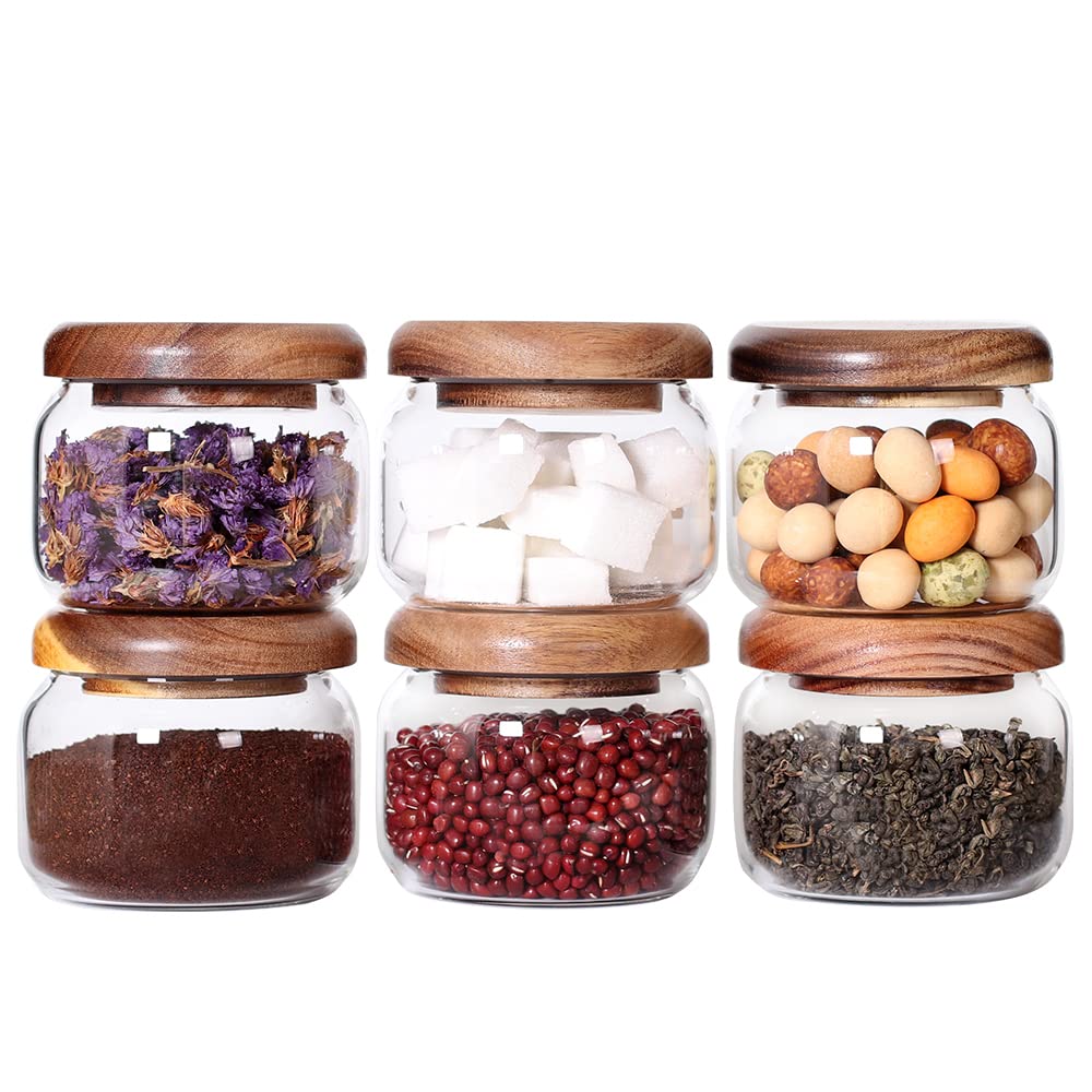 SAIOOL Kitchen Canisters Set of 6-8.5oz Glass Spice Jars With Acacia Airtight Lid and Labels Round Spice Bottles for kitchen Seasoning Baby Food Kids Snacks Meal Prep Containers Candle