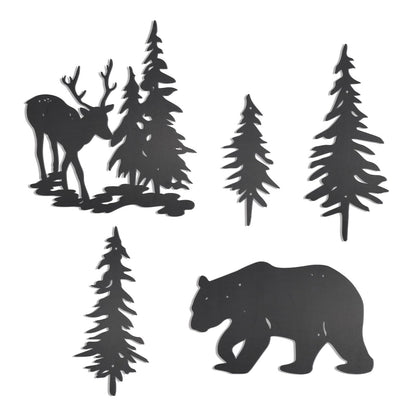 OYEFLY 5 Pieces Deer Bear Pine Tree Wall Decor,Rustic Wood Art Wall Decor (Black)