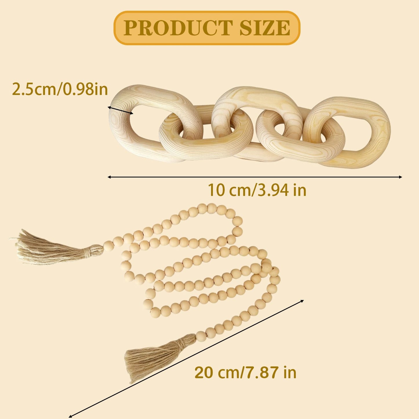 EMINGSKY 2 Pieces Decorative 5 Link Wooden Chain Decor and Bead Boho Farmhouse Rustic Home Table Decor Coffee Table Shelf Aesthetic Modern Bookshelf Table Wooden Decortion (Natural)