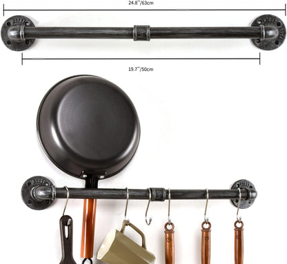 Pipe Pot Pan Rack Wall Mounted Kitchen Organizer with S Hooks, Industrial Cookware Hanger Bar Rail (24 inch, Black Gray)