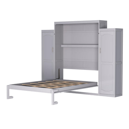 Merax Queen Size Wood Murphy Bed, with 2 Wardrobe and Storage Shelf, Multifunctional Foldable Wall Platform Bedframe for Guest-Room, Bedroom, Gray