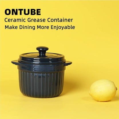 ONTUBE Ceramic Bacon Grease Container Keeper with Strainer, Frying Oil Storage Can 17 oz, Navy