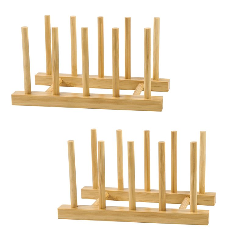 SAMEBUTECO 2-Pack Bamboo Kitchen Rack with 4 Slots and 5 Connector Pegs – Vertical Organizer for Plates, Pots, Lids, Bowls & Cutting Boards – Durable Wooden Dish Holder with Spare Pegs & Gift Box