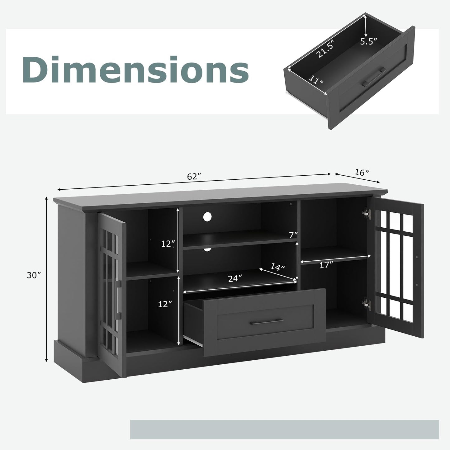LDAILY 63" Farmhouse TV Cabinet, TV Console Table w/ 2 Side Cabinets & Drawer & Cable Management Holes, Modern TV Stand for TVs up to 70", Entertainment Center for Living Room, Bedroom (Black)