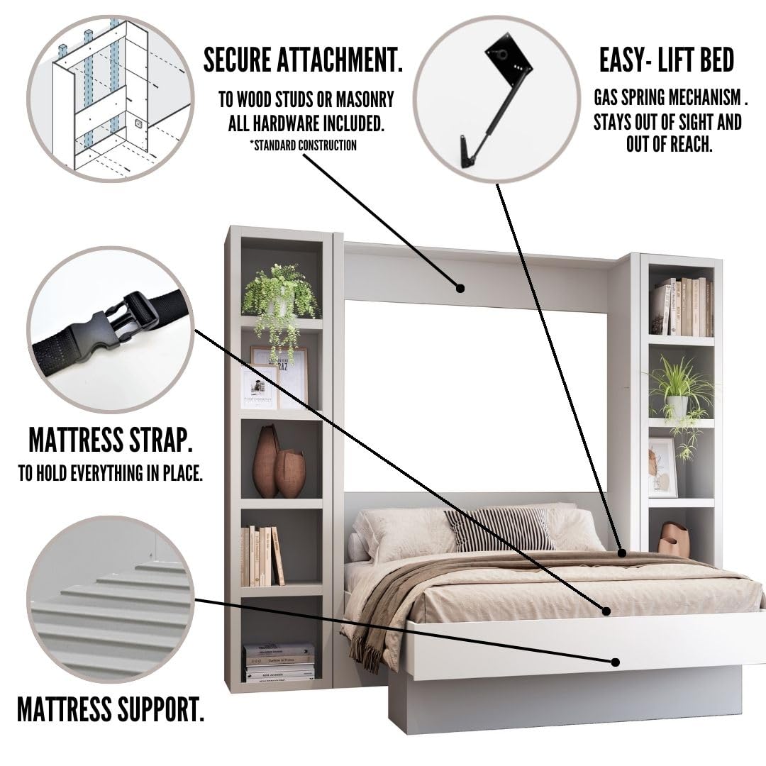 Oakland Living Easy-Lift Queen Murphy Wall Bed in Brown Wood Grain with Two Bookshelves