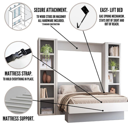 Oakland Living Easy-Lift Queen Murphy Wall Bed in Black with Two Bookshelves