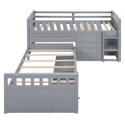 Merax L-Shaped Space-Saving Twin Loft and Twin Platform Bed with 7 Storage Drawers and Full Guardrails, Solid Wooden Bedframe for Boys Girls Adult, No Spring Box Needed, Grey