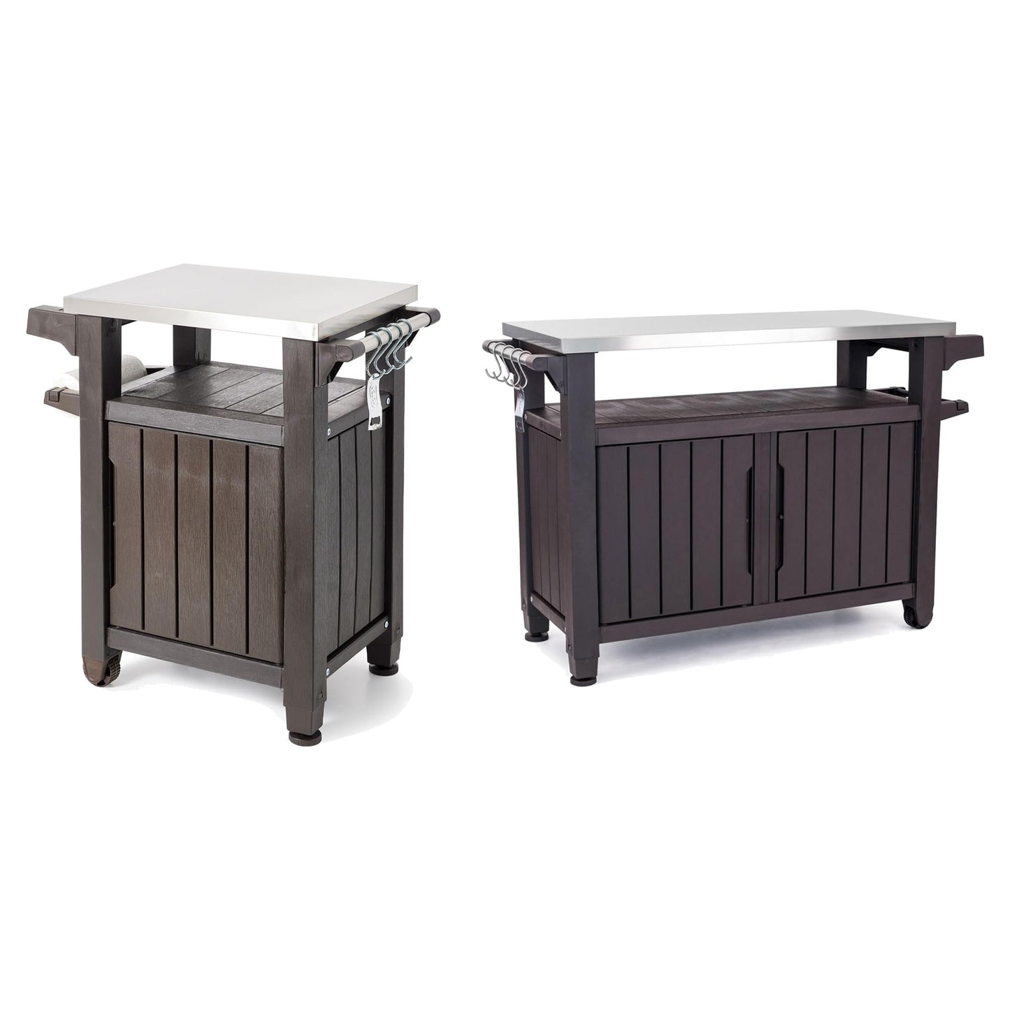 Keter Unity 40 Gallon Stainless Steel Top Patio Storage Grilling Bar Cart and Unity XL Outdoor Kitchen Rolling Bar Cart with Storage Cabinet, Brown