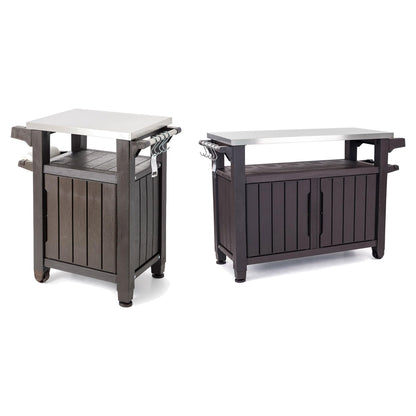 Keter Unity 40 Gallon Stainless Steel Top Patio Storage Grilling Bar Cart and Unity XL Outdoor Kitchen Rolling Bar Cart with Storage Cabinet, Brown