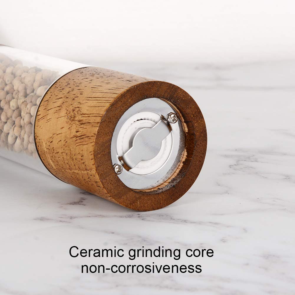 XWXO Premium Acrylic Salt and Pepper Grinder Set, Manual Salt and Pepper Mills- Wooden Shakers with Adjustable Ceramic Core-Salt Grinder and Pepper Mill -8 Inches-Pack of 2