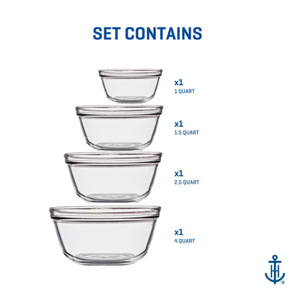 Anchor Hocking 4 Piece Glass Mixing Bowls Set – Durable, Microwave, Oven, and Dishwasher Safe – Perfect for Prep, Mixing, Serving, and Storage – Made in USA