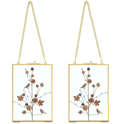 JUXYES Set of 2 Wall Hanging Brass Frames Ornament for Pressed Flowers, Double Glass Hanging Picture Artwork Display Frame, Vertical Gold Floating Style Gallery Wall Frame for Photo Picture Poster etc, 5x7 Inches