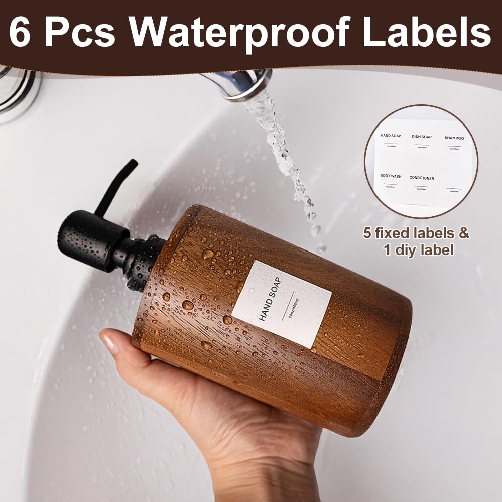 MIGAKU HOME Walnut Wood Soap Dispenser with Pump, Funnel & Label, Refillable Hand Soap Dispenser for Bathroom & Kitchen, Cylinder Design, Rustic Countertop Decor(7oz/200ml)