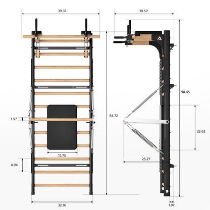 Swedish Ladder Pro, Wood Stall Bar with Push-Through Bar, Adjustable Pull-Up Dip Bar for Adults and Kids, Accessories Bundle, Spring, for Home, School, Physical Therapy and Gymnastics (40"x90“x26")