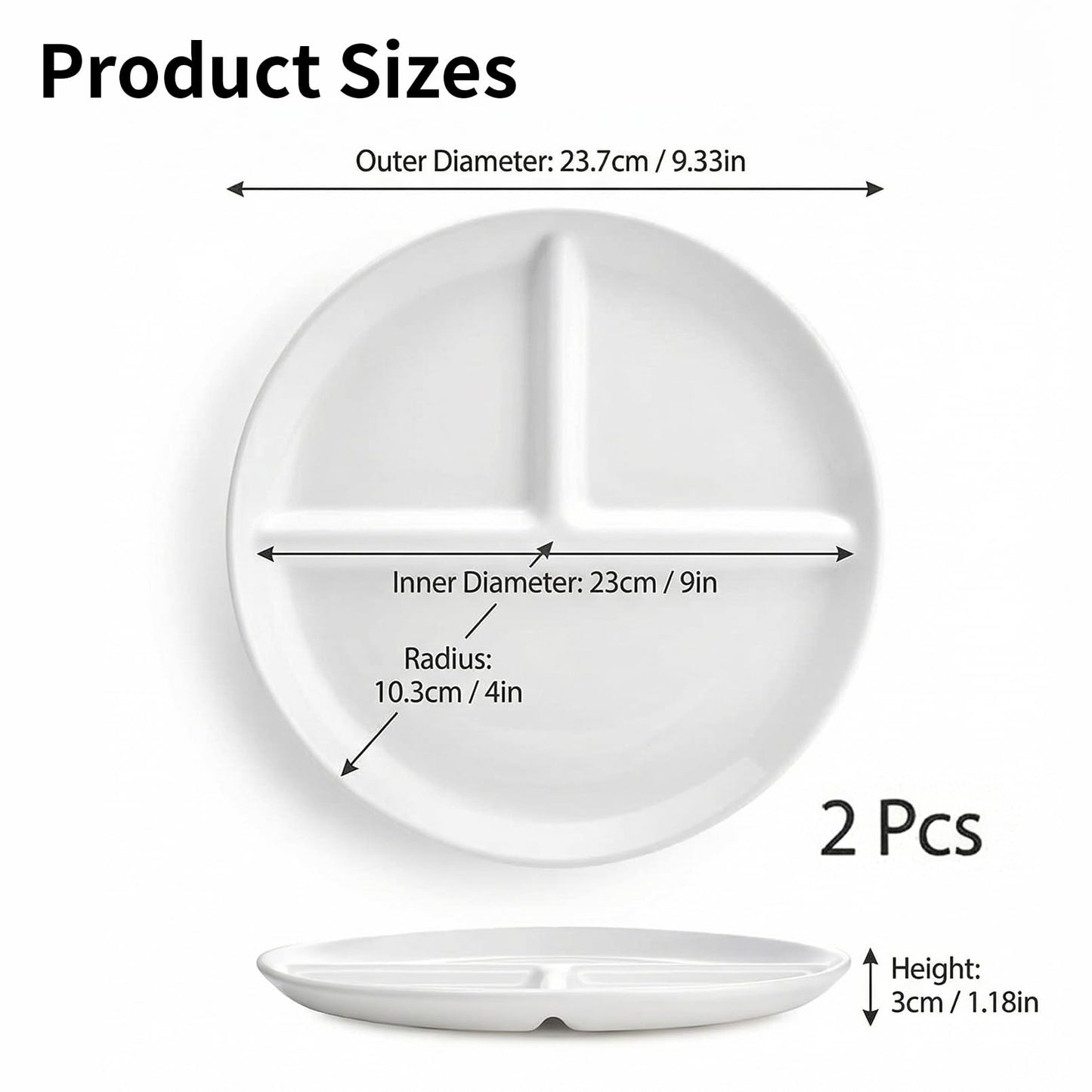 Enjamyo 2 Pcs Ceramic Portion Control Plate, 9 Inch Divided Plate, 3-Compartment Portion Plate, White Dinner Plates for Adults Weight Loss Healthy Eating Bariatric