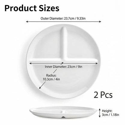 Enjamyo 2 Pcs Ceramic Portion Control Plate, 9 Inch Divided Plate, 3-Compartment Portion Plate, White Dinner Plates for Adults Weight Loss Healthy Eating Bariatric