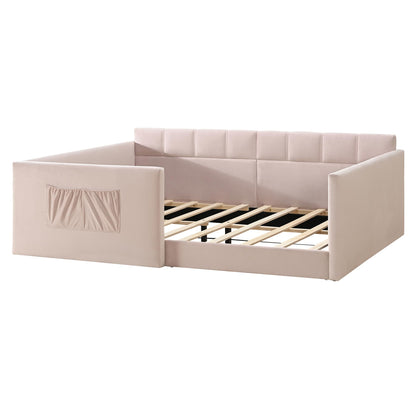 Merax Full Daybed Velvet Upholstered Sofa Bed with High Guardrail and Side Entrance, Space-Saving Full Floor Day Bed with Storage Pockets for Guest Room Apartment, Easy Assembly, Noise-Free, Pink