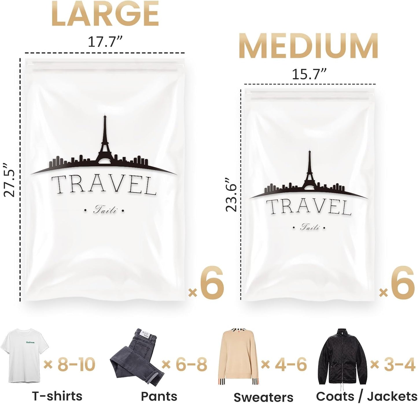TAILI Travel Compression Bags 12 Pack, Clear Roll Up Space Saver Bags (6 Large, 6 Medium), Reusable Packing Bags for