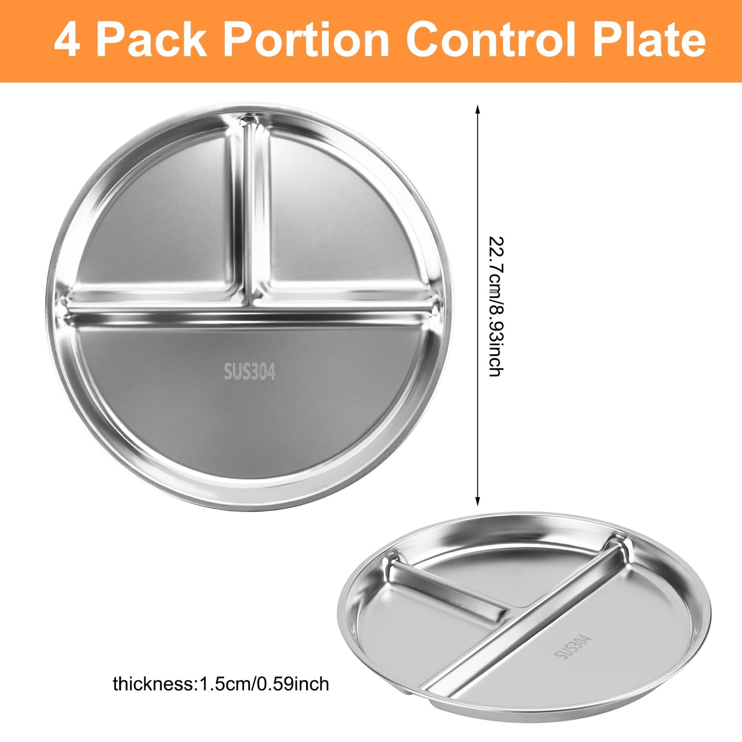 Zalaxt Portion Control Plates Set of 4 Stainless Steel Divided Plates 9" Reusable Dinner Plates (4)