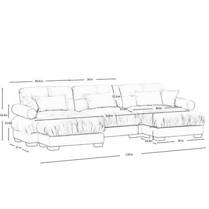 Ball & Cast U Shaped Sectional Sofa,130" 3-Seater Cloud Couch with Waist Pillows,Throw Pillows and Blostered Armrests,Convertible Comfy Chenille Sofa w/Removable Ottomans,for Living Room,Cream