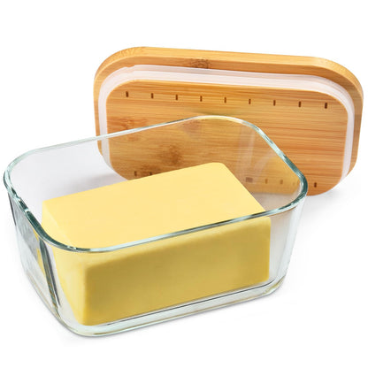 HEKEIEON Glass Butter Dish With Sealed Lid - Large Tray for Refrigerator and Outdoor Use - Dishwasher Safe