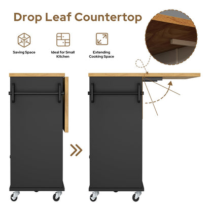 Rolling Kitchen Island with Storage Cabinet, 41.3'' Width Kitchen Cart with Desktop Drop Leaf Countertop, Portable Mobile Island with Towel Rack, Spice Rack Shelf and Lockable Wheels, Black
